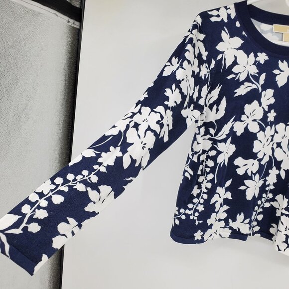 Michael Kors Navy Blue and White Floral Print Crewneck Sweater Top Shirt Large - Picture 7 of 9